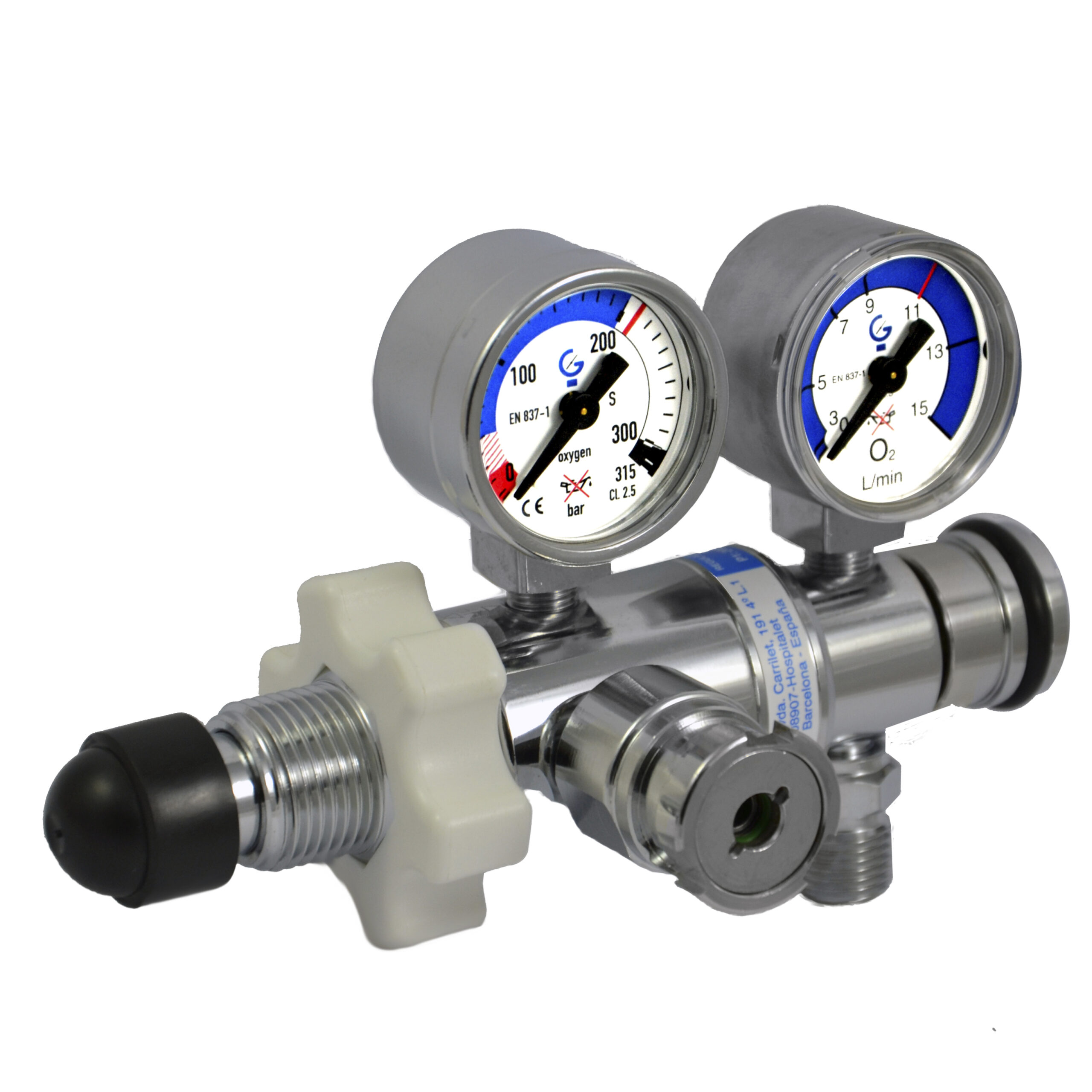 G106 - Pressure regulator with flow meter gauge and extra outlet.